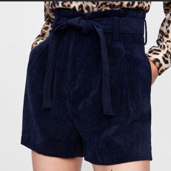 Zara navy corduroy highrise belt paperbag shorts - Picture 1 of 6